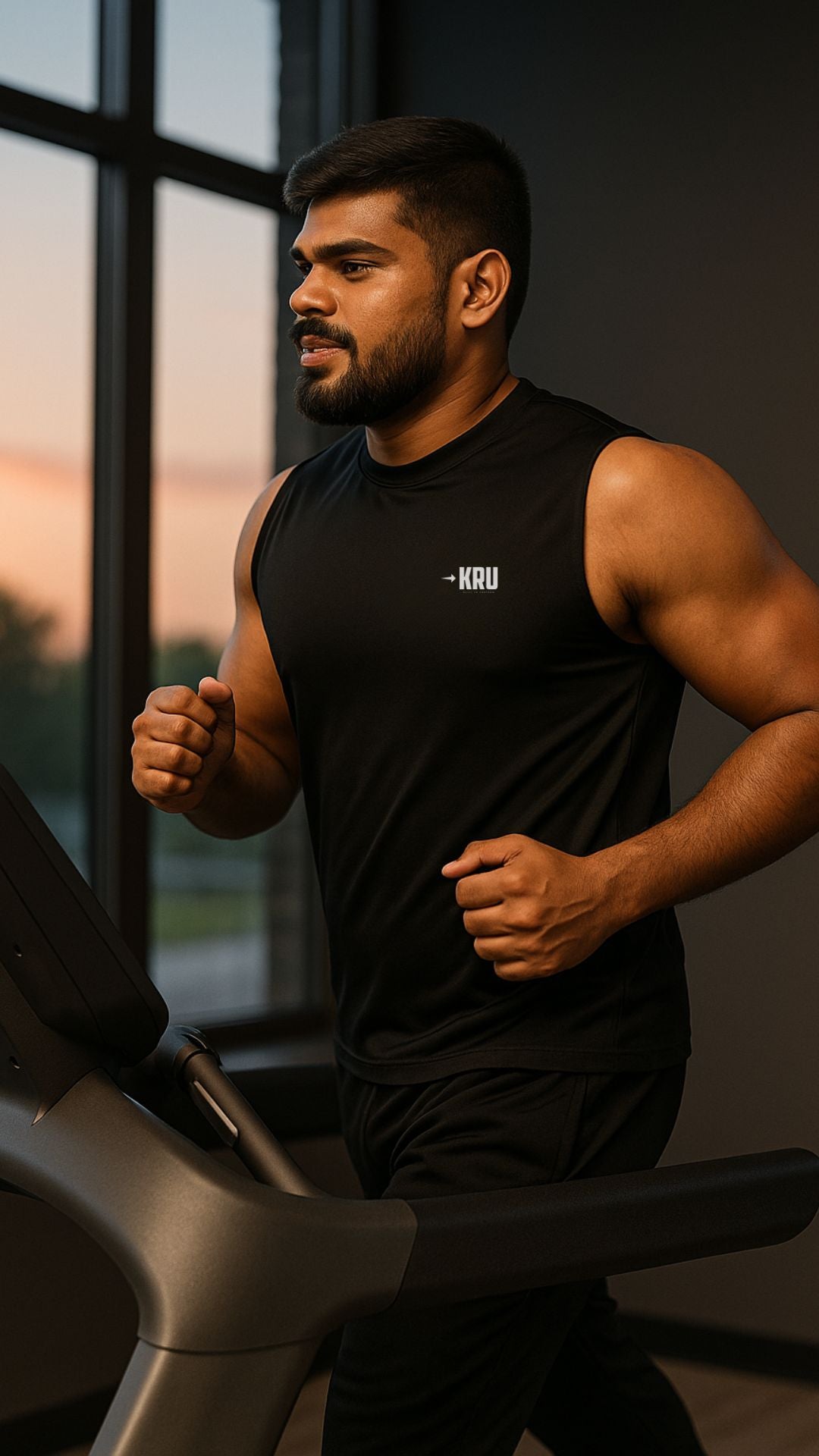 Man exercising on a treadmill indoors with a sunset view outside